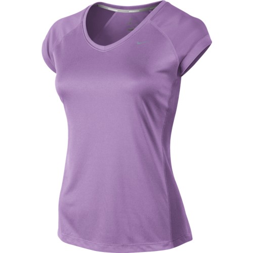 Dámské tričko Nike Miler SS V-Neck Top violet shock/reflective silvS